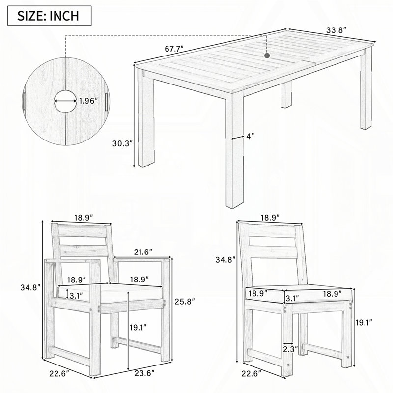 Ensemble 7 pièces de table et chaises de patio, Teck clair