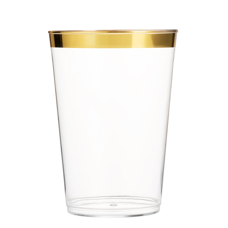 25 Crystal Black 10 oz Plastic Cups Gold Rim - Disposable Tableware