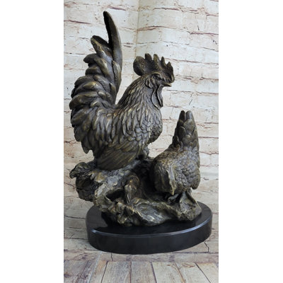 Two Roosters Chickens Bronze Metal Statue Sculpture Figure on Marble Base
