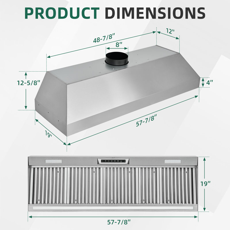 Insertion de hotte de cuisine 1200CFM 60IN avec mouvement de la veilleuse avec veilleuse, 57.9"