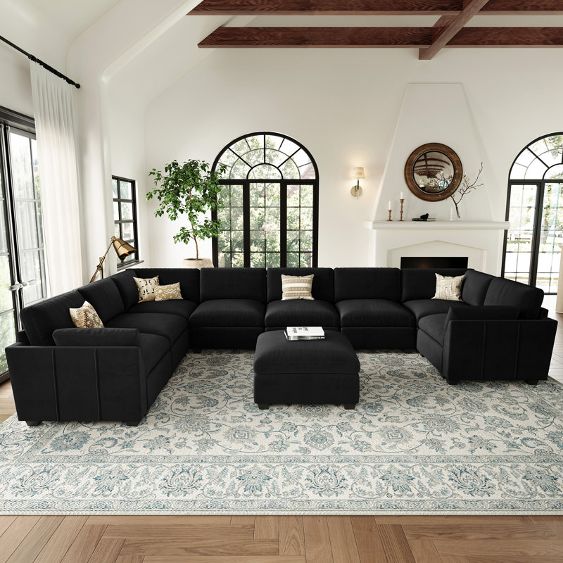 Knaack Oversized U Shaped 169.3'' Wide Sectional Sofa Velvet & Plush Wide Livingroom Couch, Black Velvet