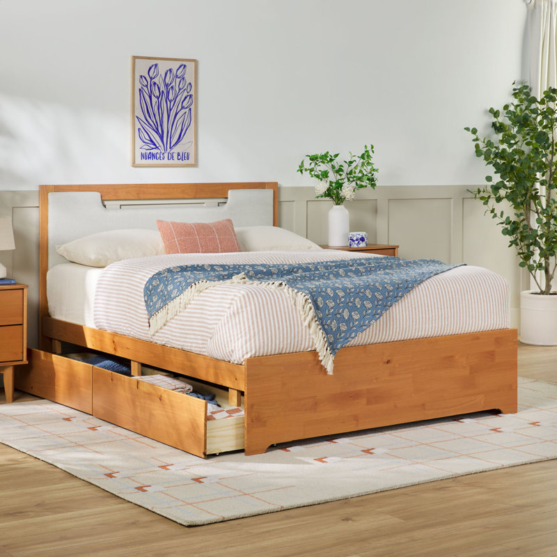 Mid Century Modern Solid Wood Queen Storage Bed With 2 Drawers, Caramel