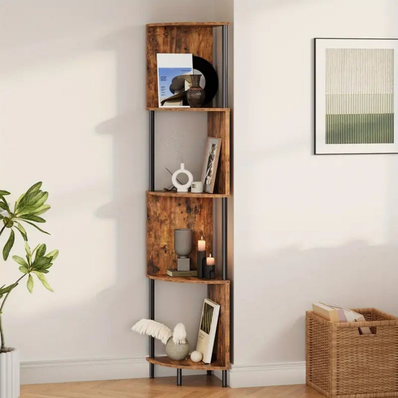 Étagère d'angle, étagère d'angle à 5 niveaux, présentoir de coin industriel, bibliothèque d'angle pour petit espace, salon, chambre à coucher, cuisine, brun rustique