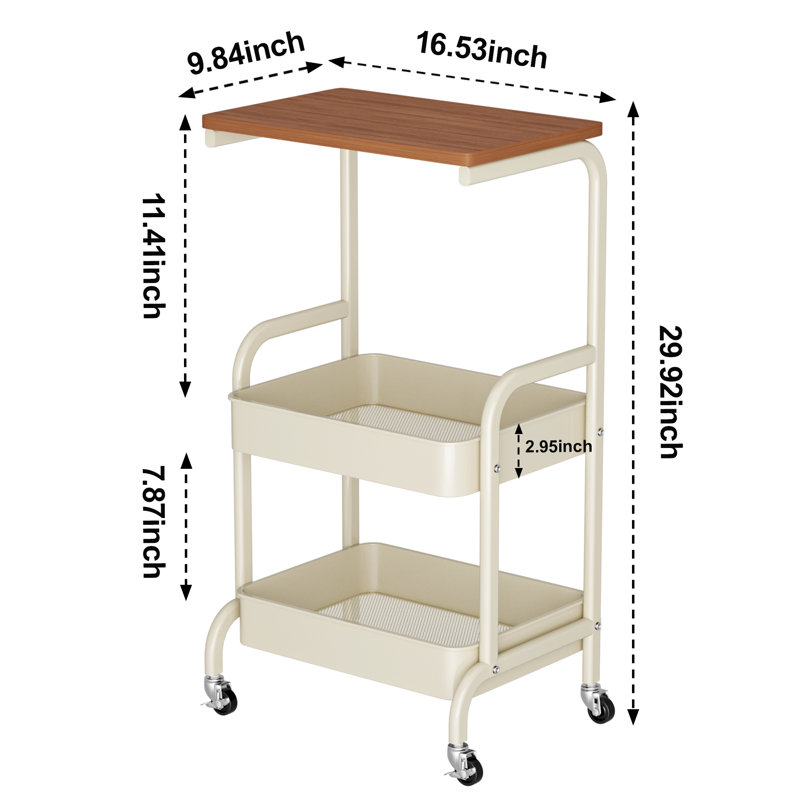 White 29.9'' H x 16.5'' W 3-Tier Rolling Utility Cart with 360° Swivel Locking Wheels, Wood Top and Metal Storage Baskets, Mobile Organizer Trolley Single