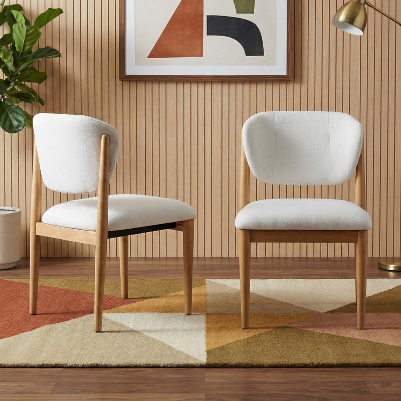 Chaise rembourrée moderne avec pieds en bois massif pour la salle à manger, Blanc, Naturel