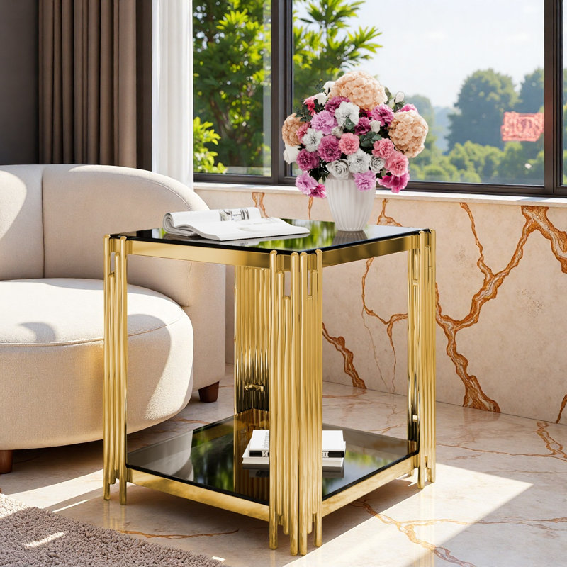 Table de bout moderne carrée en verre transparent, Noir