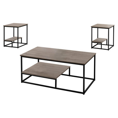Table 3 pièces: table basse et 2 tables de bout assorties, stratifié taupe chaud, détails en métal noir, mobilier de salon contemporain, rangement supplémentaire foncé, garniture