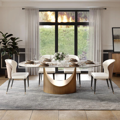 Modern Minimalist Oval Dining Table with Sintered Stone Tabletop & U-Shaped Leg for 6 to 8, Perfect for Kitchen and Living Room