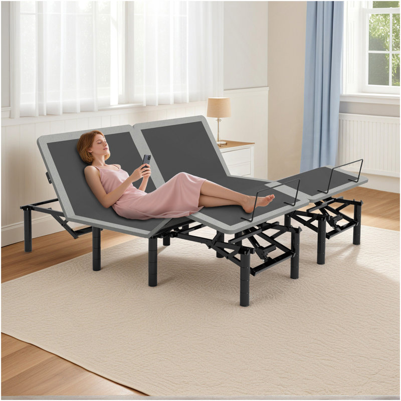 Adjustable Bed Frame With Massage Head  Foot Incline Split King Size Wireless Remote, Two Types Of USB Ports: Type-A And Type-C, LED Night Light, 4 Height-Adjustable Legs Easy Assembly