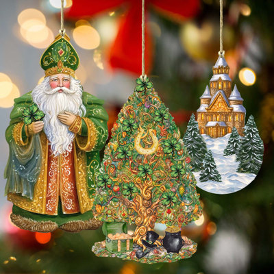3 Piece Irish-Inspired Santa Wooden Ornaments