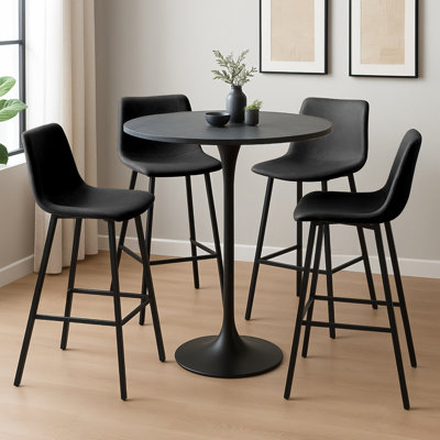 Angelys 5-Piece Bar-Height Dining Set With Round MDF Bar Table And Stainless Steel Base, Upholstered Leather Bar Stools With Iron Legs