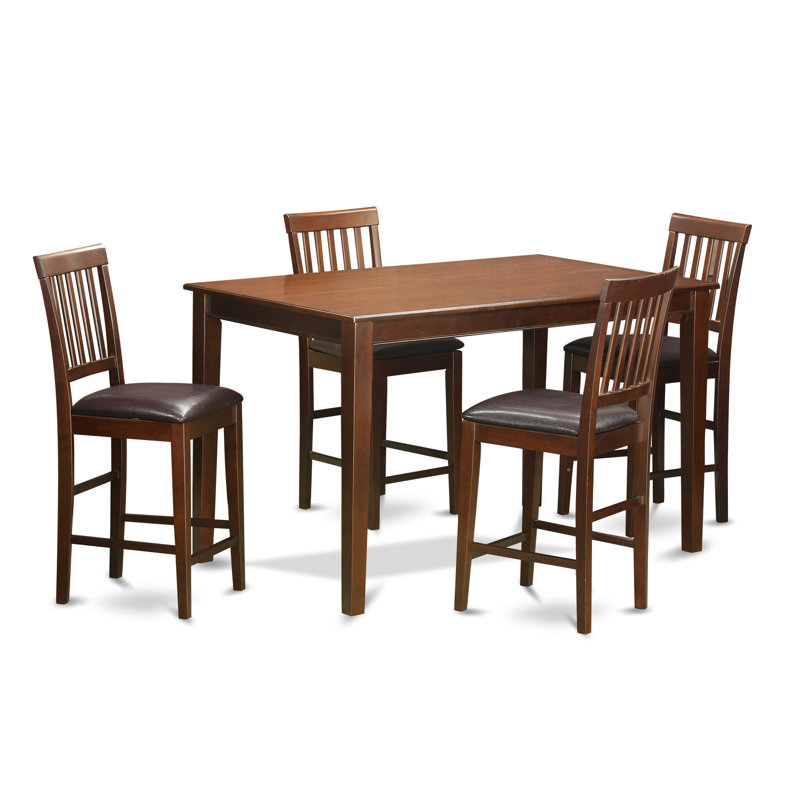 5 Piece Counter Height Dining Table Set Includes a Rectangle Kitchen Table and 4 Faux Leather Dining Chairs, Mahogany