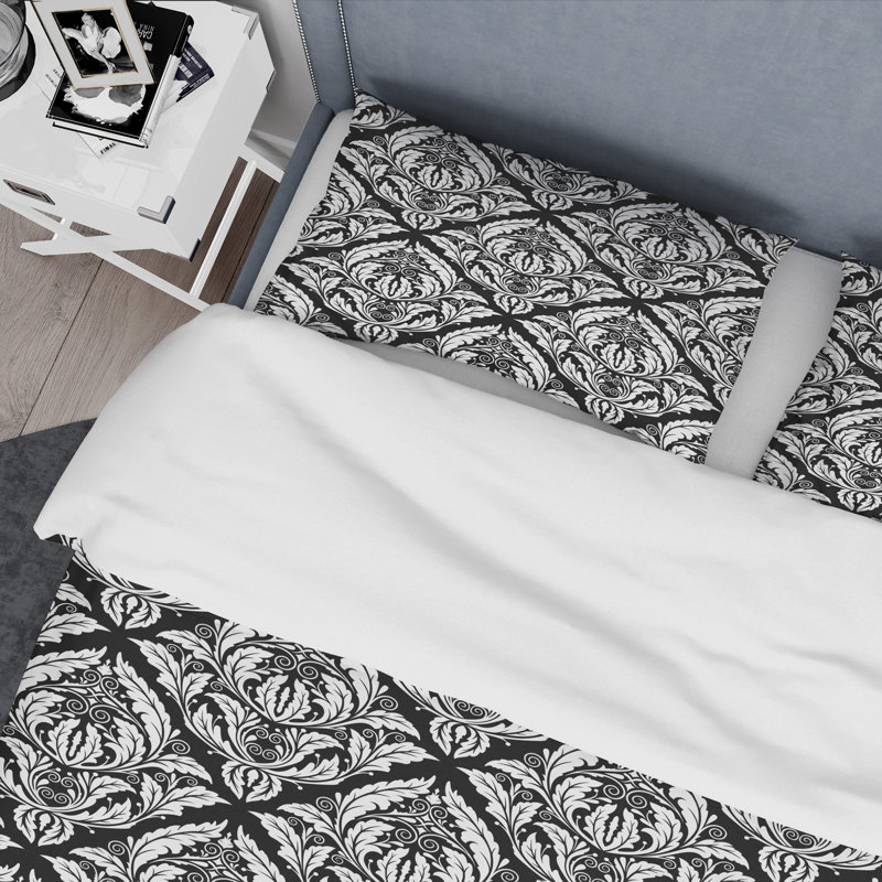 Black Damask - Abstract Duvet Cover Set - Microfiber Polyester, Queen Duvet Cover + 2 Standard Shams
