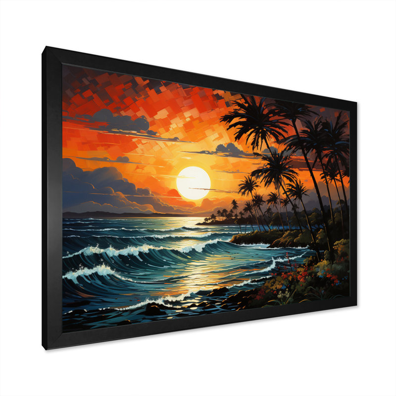 «Palm Trees Sunrise I», reproduction d'art sur toile de palmiers, H 12 po x l 20 po x P 1 po, Cadre photo noir