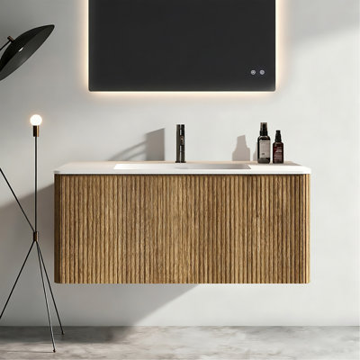 Meuble-lavabo 24 po en noyer rayé avec lavabo à surface solide blanc, meuble-lavabo mural flottant pour salle de bain moderne, pré-assemblé