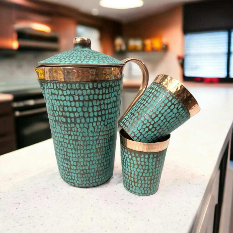 Handmade Turquoise and Copper Pitcher Set with Tumblers