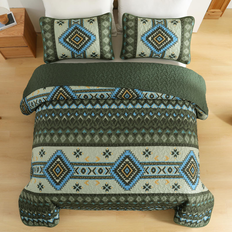 Ensemble de courtepointe 3 pièces à motif géométrique texturé de style bohème 3 pièces Aztec, Vert