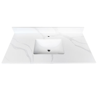 43 - Inch Quartz Bathroom Vanity Top With Undermount Single Sink In Middle, 4 High Backsplash, 1 Pre Drilled Faucet Hole, Suitable For Master Bathrooms White Bathroom, One Easy To Maintain