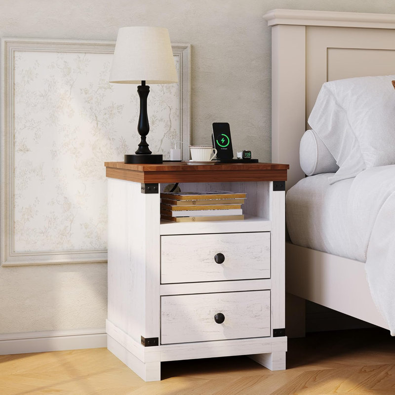 Nightstand with Charging Station & Storage, Modern Rustic Bedside Tables with 2 Drawers & Open Shelf, USB & AC Outlets, White