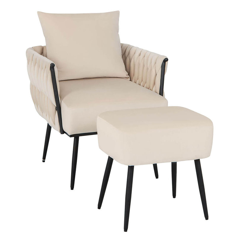 Itamar Velvet Accent Chair with Ottoman, Beige Velvet