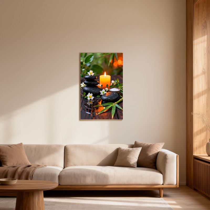 Bain et lessive Calme pierres zen bougie fleurs feuilles de bambou reflet de l'eau, H 24 po x l 16 po