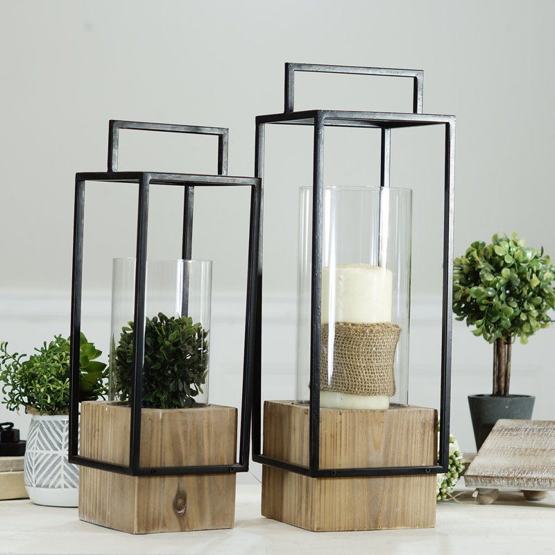 Ensemble de 2 lanternes brunes contemporaines en bois 20,5 po