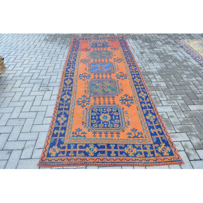 Handcrafted Turkish Runner Rug With Orange and Blue Anatolian Patterns for Hallway Home Decor in Bohemian Style