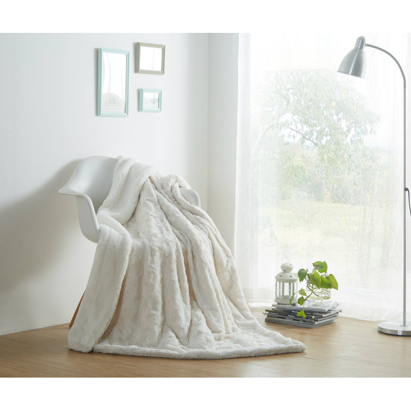  Jeté en fausse fourrure blanche - Derrière en sherpa, H 60 po x l 50 po x P 1 po