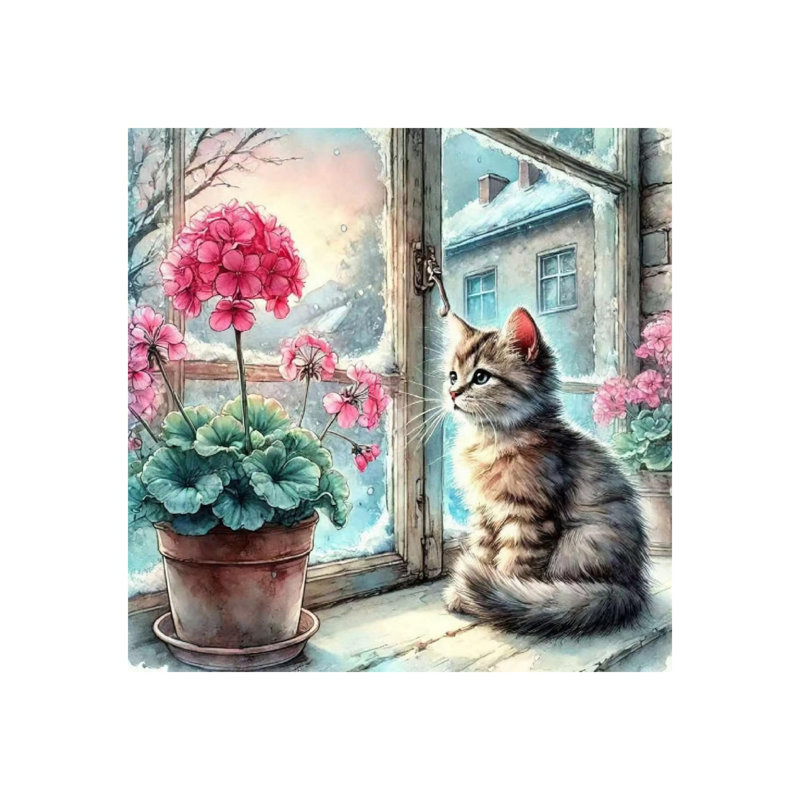 Chat et fleur, art mural sur toile sans cadre 16 po x 16 po