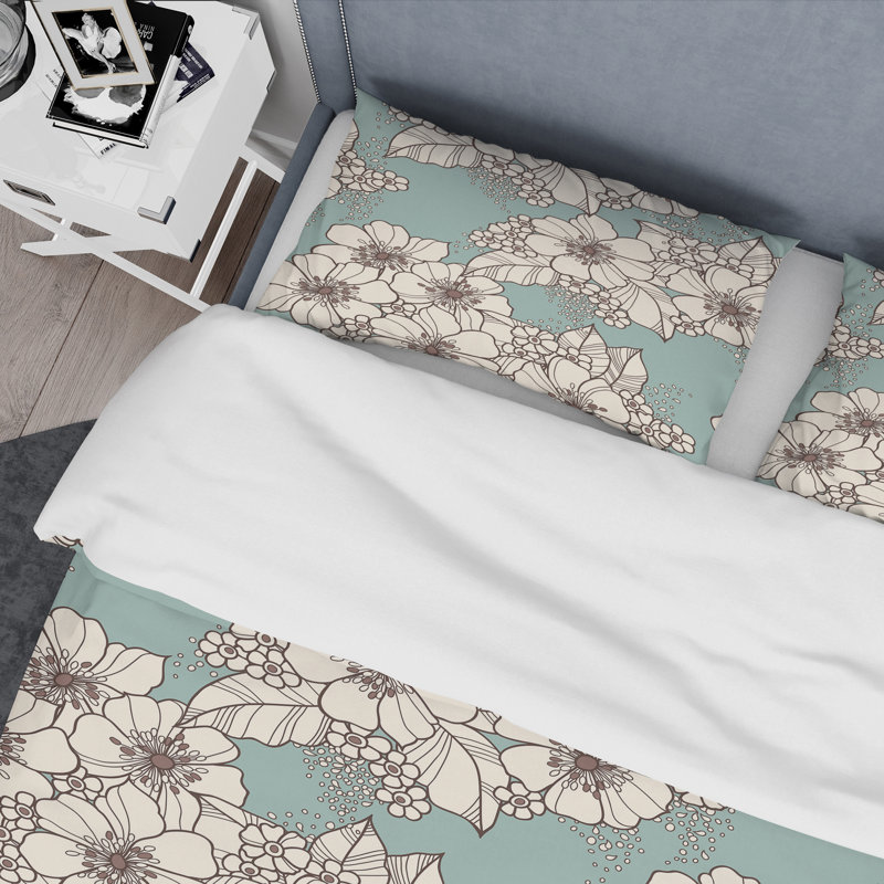 White/Green Microfiber Duvet Cover Set, Queen Duvet Cover + 2 Standard Shams