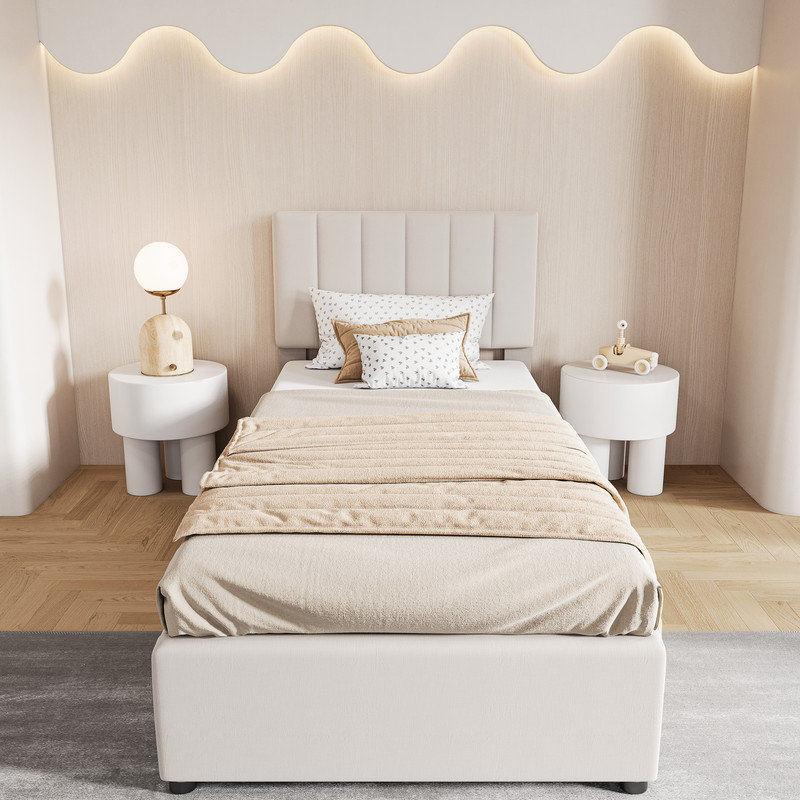 90 x 200 cm Beige Upholstered Bed, Hydraulic Storage Bed