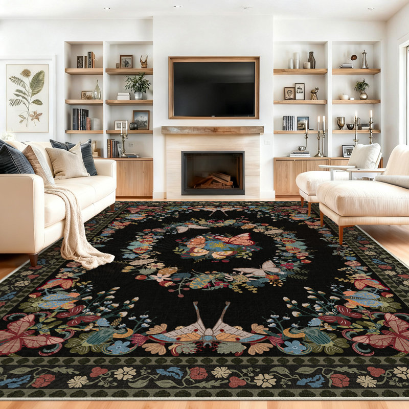 Tapis lavables 6 x 9 pi, tapis d'extérieur doux papillon noir, tapis à poils longs délavés d'inspiration rétro pour le salon, la salle à manger et la chambre à coucher