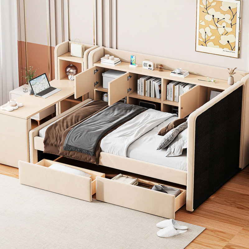 Lit de jour rembourré beige de taille simple avec tiroirs, tablettes, armoires rabattables et table d'appoint - Conception tout-en-un pour les petits espaces invités, espaces de vie fonctionnels avec solution de rangement, pratique