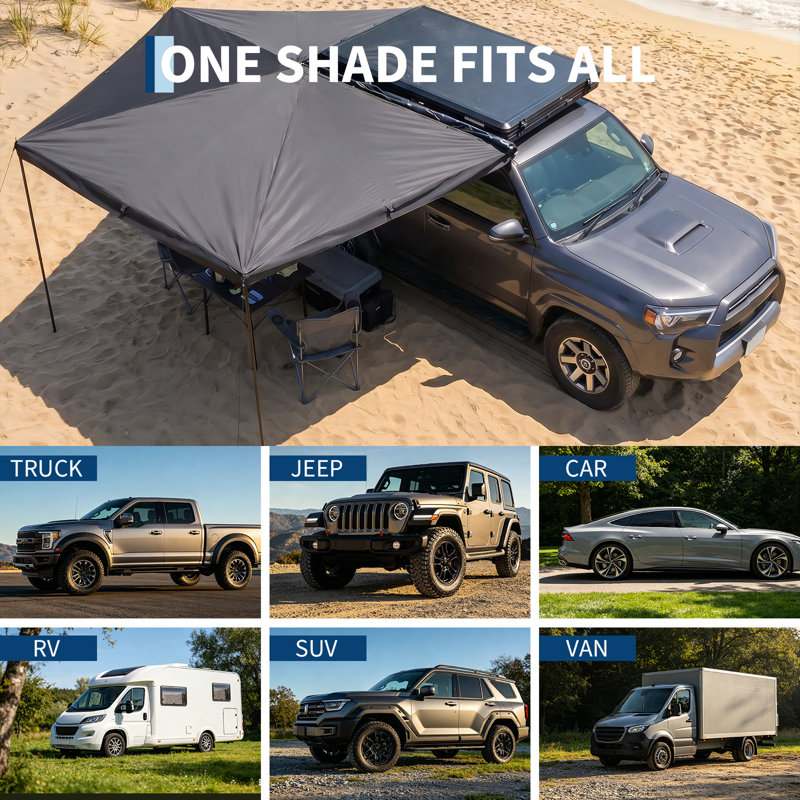 270° Passenger Side Car Awning, 6.6ft Pull-Out Vehicle Shelter w/ Blackout Coating, Waterproof for SUV