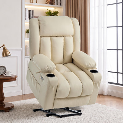 Fauteuil inclinable électrique à deux moteurs avec massage et chaleur, fauteuil inclinable électrique à position infinie avec USB A&C, porte-gobelets (T6010 - Similicuir, blanc crème, moyen)