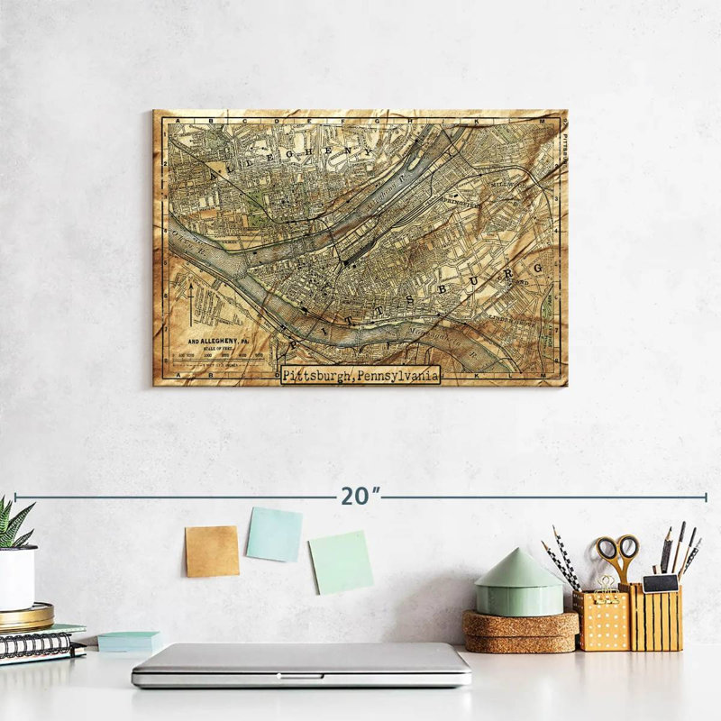 Carte rétro de la ville de Pittsburgh sur toile, H 8 po x l 12 po x P 1 po