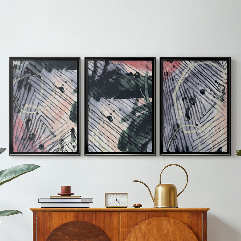 Angled Spaces IV - Toile tendue sur mesure avec châssis, 3 pièces, H 27 po x l 39 po, Noir