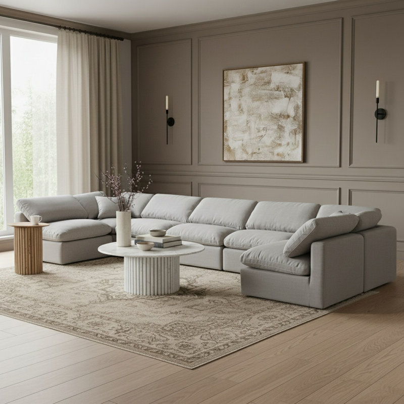 Grand canapé modulaire rembourré 7 pièces Itala, Tissu gris texturé en lin