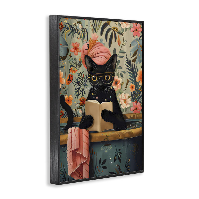 Giclée encadrée de la baignoire Kitty Wash Day, design par LSR Design Studio, H 18 po x l 12 po, Giclée encadrée noir minuit