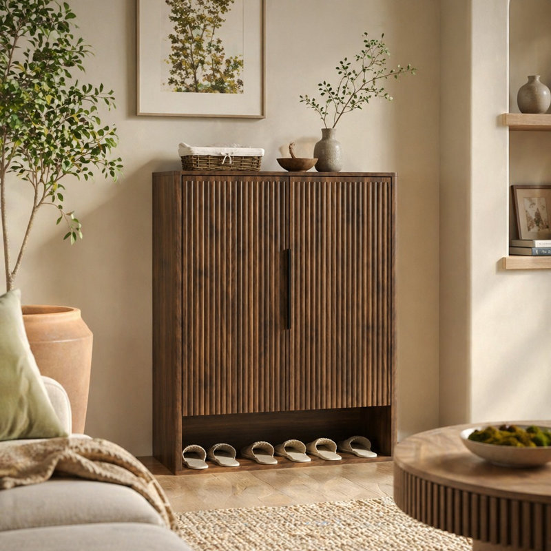 Armoire de rangement pour chaussures en bois avec portes, tablettes réglables et rangement pour chaussures autoportant moderne avec surface de présentation supérieure, conception anti-basculement, grande capacité