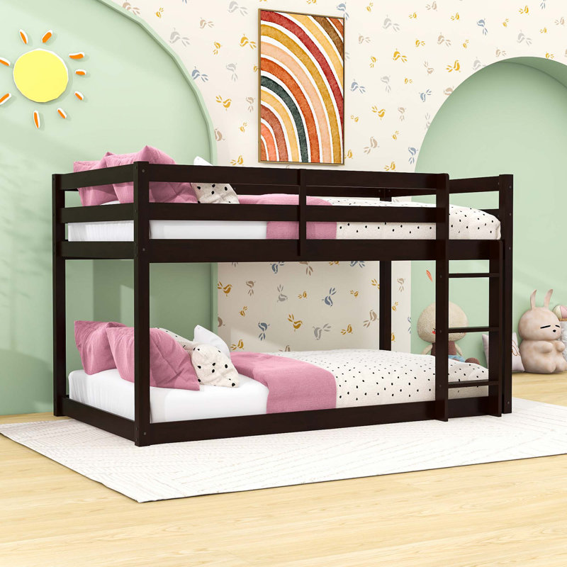 Twin Over Twin Floor Bunk Bed With Versatile Utilization And Ladder, Espresso