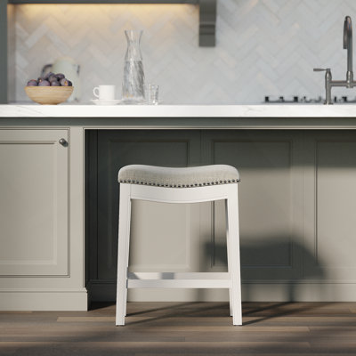 26In. Counter-Height Backless Wood Saddle-Seat Barstool With Nailhead Trim, Farmhouse Whitewash With Gray Upholstered Seat, 1PC