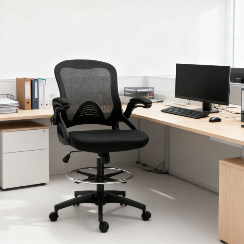 Ergonomic High-Heigh Office Drafting Chair with Adjustable Footrest and Flip-Up Armrests for Professional Studios and Workspaces