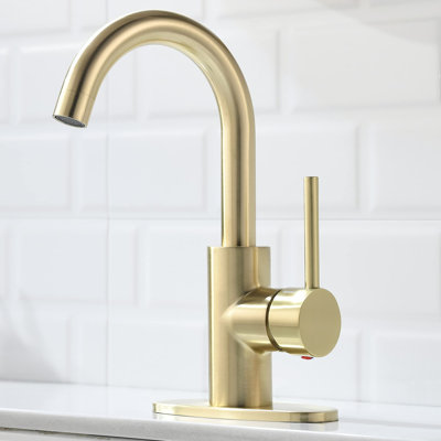 Robinet de lavabo de salle de bain monocommande à poignée pivotante à 360 ° avec plaque de pont Robinet de salle de bain central 4 po doré Robinet de salle de bain doré brossé Durable et sécuritaire
