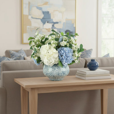 Hydrangea and Budding Stem Arrangement in Decorative Vase