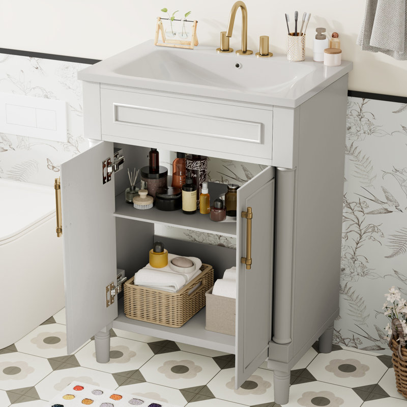 24'' Single Bathroom Vanity With Ceramic Top, White