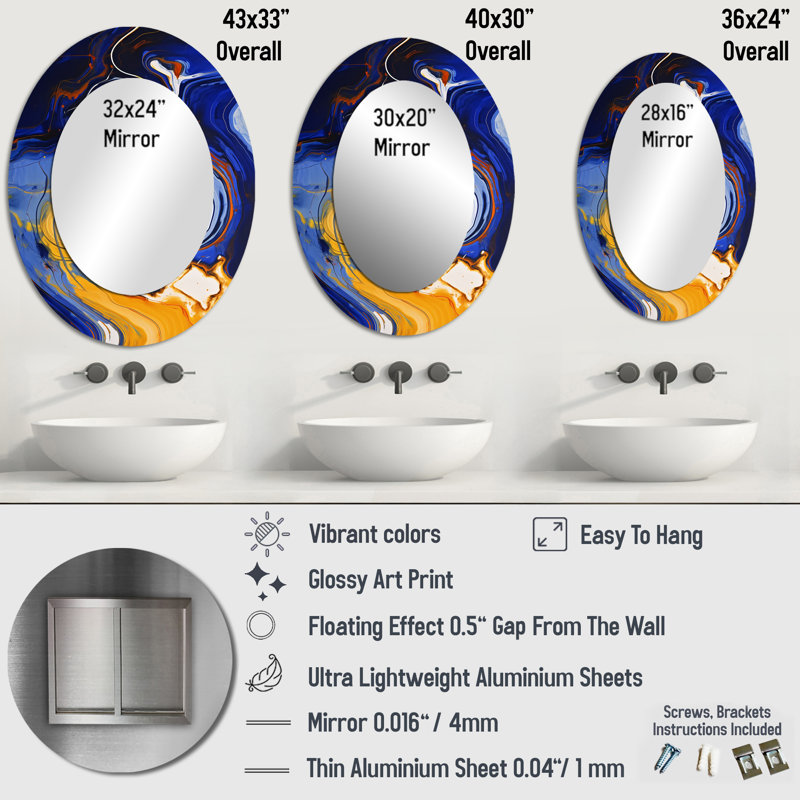 Jaune et bleu liquide encre de rivière I - décor de miroir mural ovale jaune, H 40 po x l 30 po