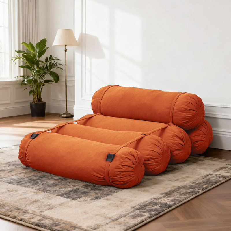 Adjustable Modular Floor Sofa with 5 Cylindrical Pillows,Convertible Corduroy Lounge Chair, Orange Corduroy