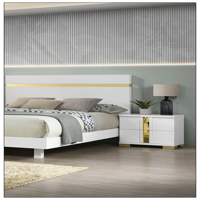 Table de chevet pour chambre à coucher, Blanc, blanc et or