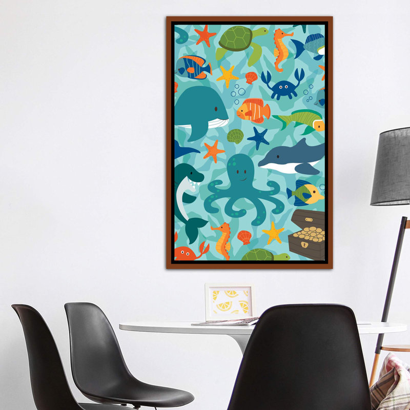 «Sea Creatures» par Dana Saulnier - impression d'art graphique, H 60 po x l 40po x P 1,5 po, Toile avec cadre brun
